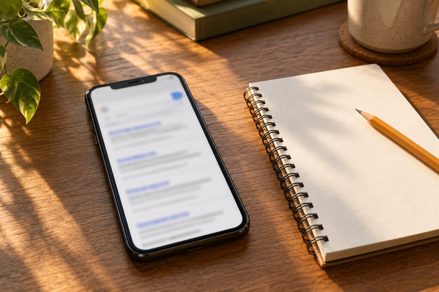Smartphone on a desk showing a blurred search results page next to a notepad