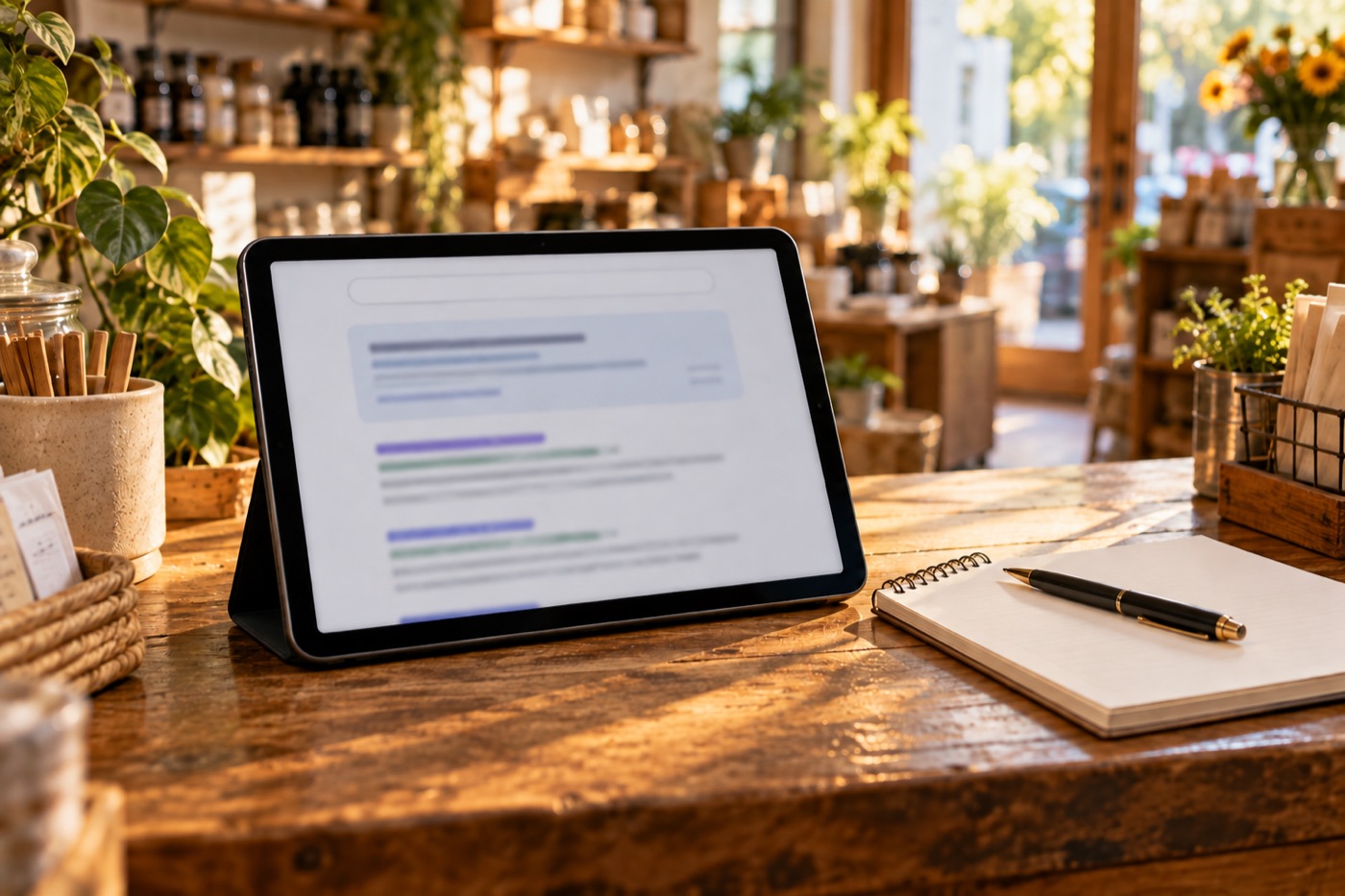 Tablet on a shop counter showing a blurred search page with a summary box