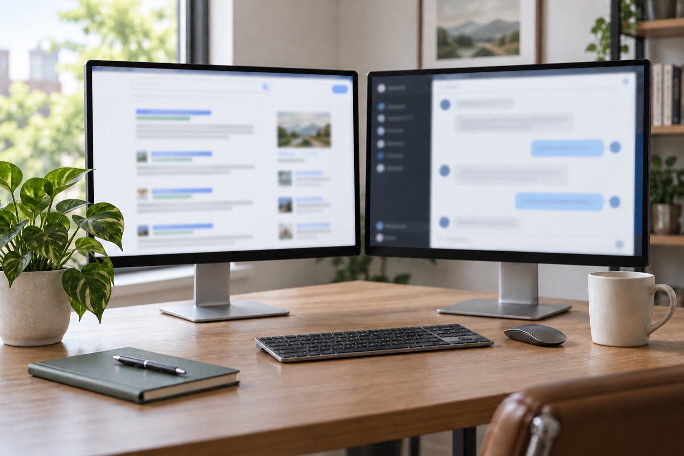 Two monitors on an office desk, one with a search page and one with a chat window